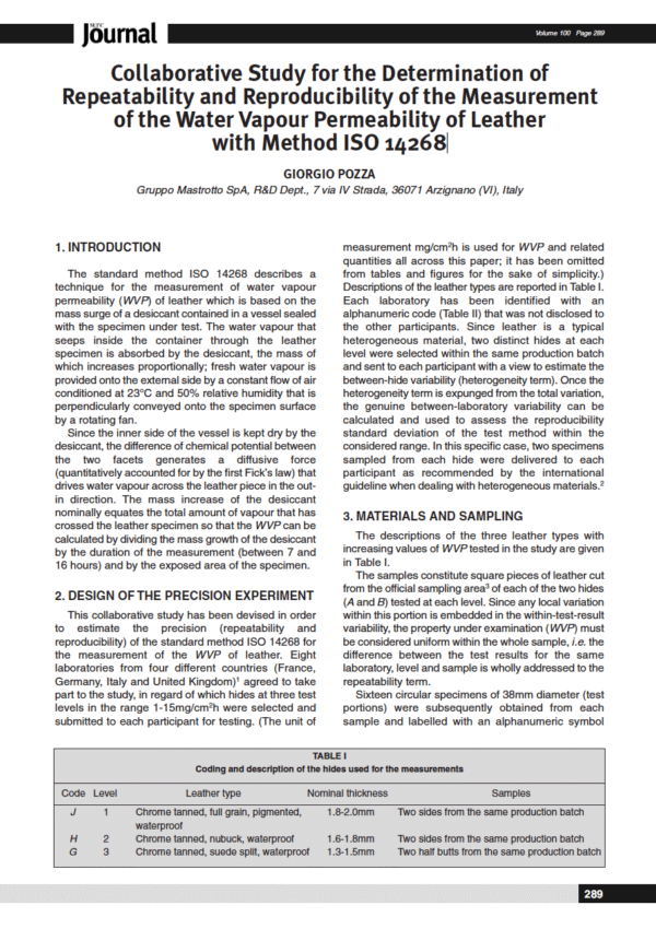 Collaborative Study for the Determination of Repeatability and Reproducibility of the Measurement of theWater Vapour Permeability of Leather with Method ISO 14268