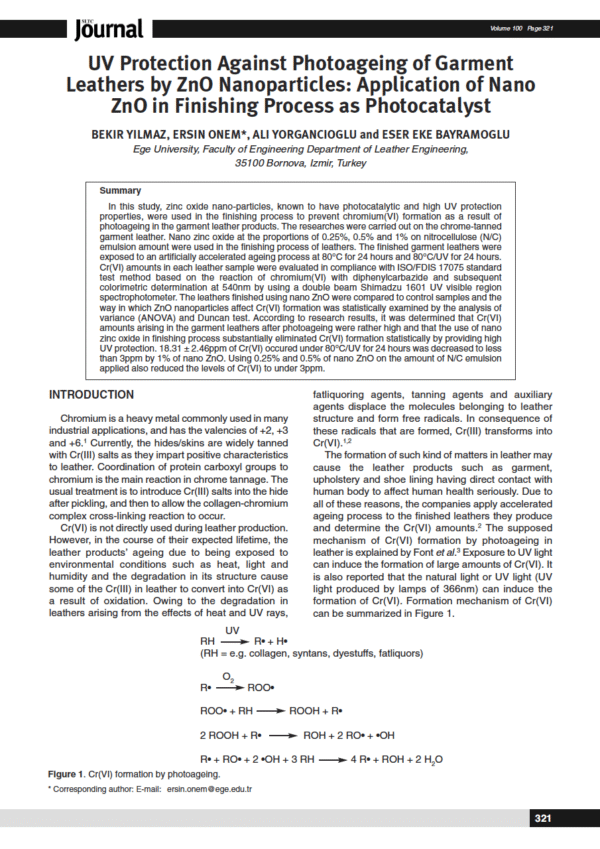 UV Protection Against Photoageing of Garment Leathers by ZnO Nanoparticles: Application of Nano ZnO in Finishing Process as Photocatalyst