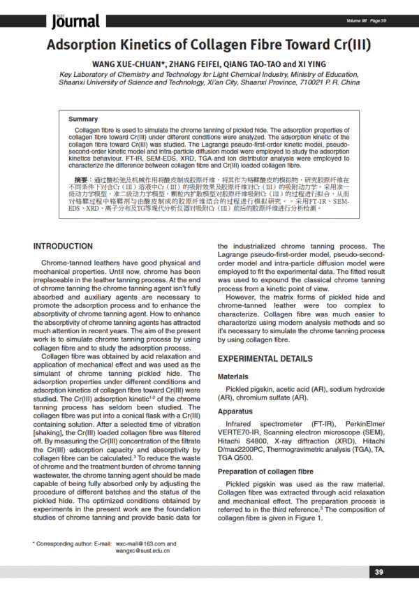 Adsorption Kinetics of Collagen Fibre Toward Cr(III)