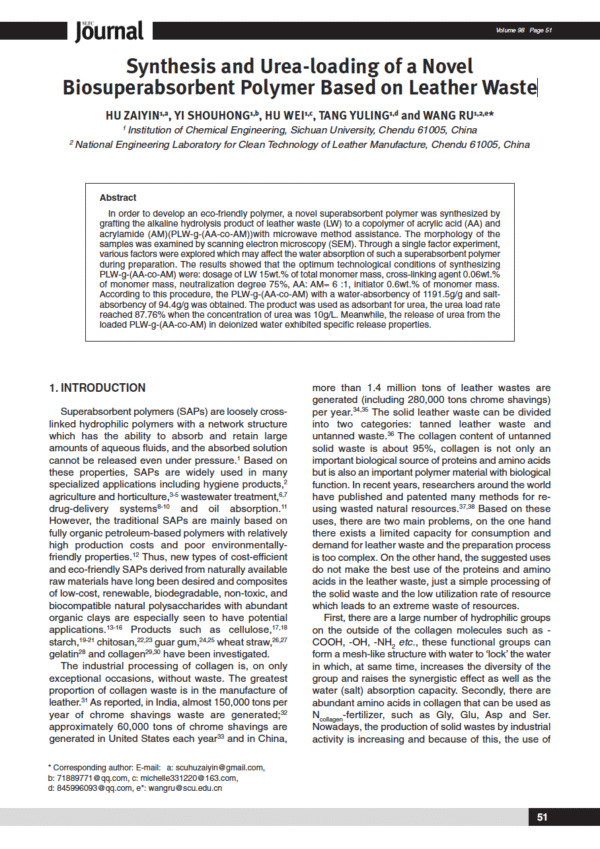 Synthesis and Urea-loading of a Novel Biosuperabsorbent Polymer Based on Leather Waste