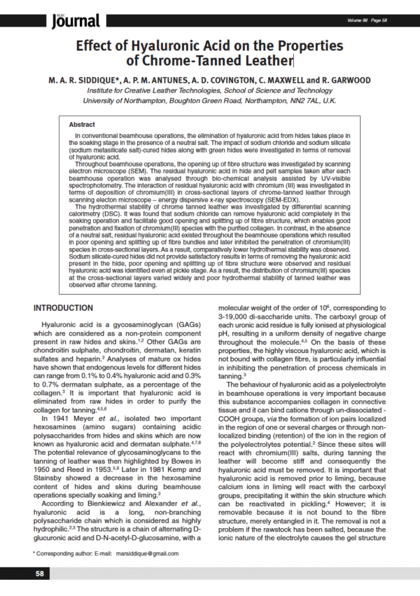 Effect of Hyaluronic Acid on the Properties of Chrome-Tanned Leather