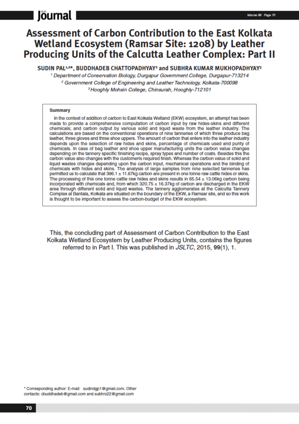 Assessment of Carbon Contribution to the East Kolkata Wetland Ecosystem (Ramsar Site: 1208) by Leather Producing Units of the Calcutta Leather Complex: Part II