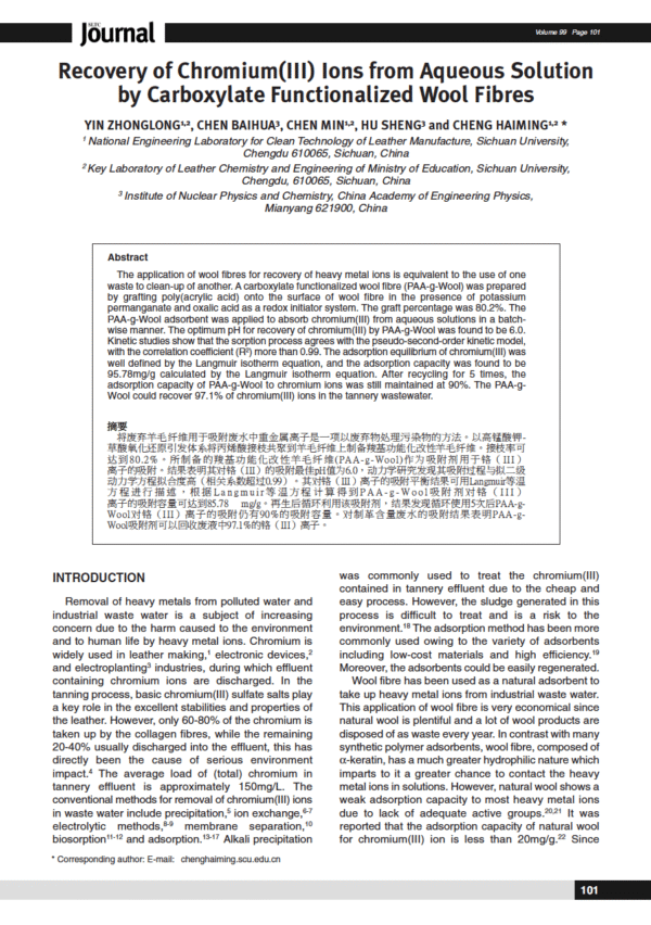 Recovery of Chromium(III) Ions from Aqueous Solution by Carboxylate Functionalized Wool Fibres