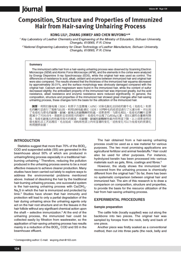 Composition, Structure and Properties of Immunized Hair from Hair-saving Unhairing Process