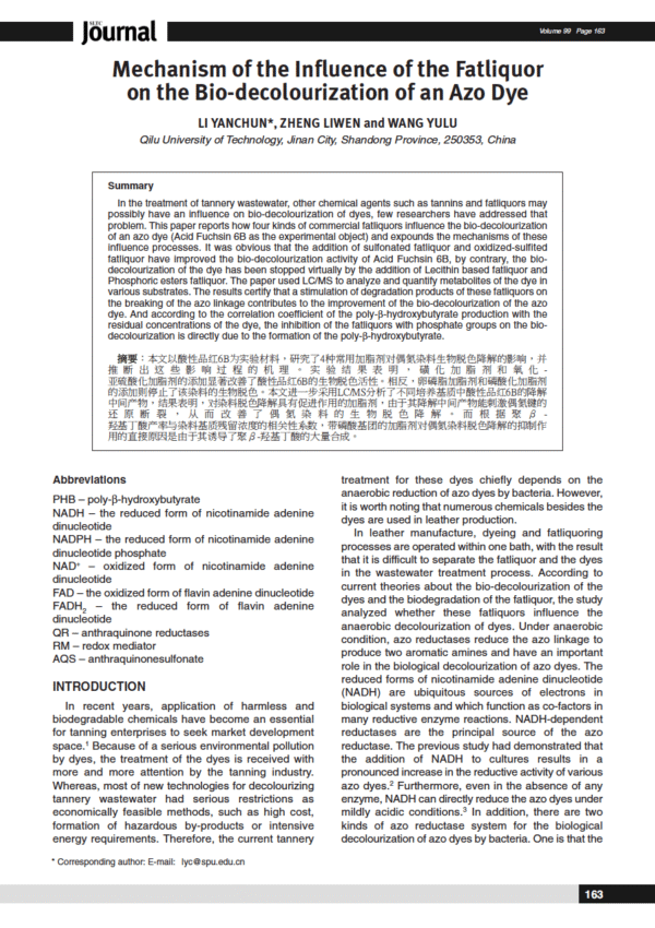 Mechanism of the Influence of the Fatliquor on the Bio-decolourization of an Azo Dye