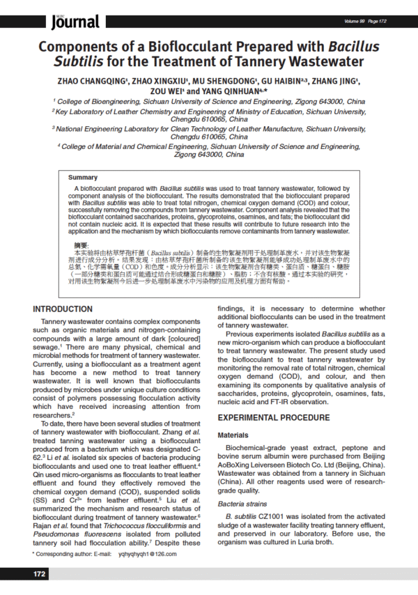 Components of a Bioflocculant Prepared with Bacillus Subtilis for the Treatment of Tannery Wastewater
