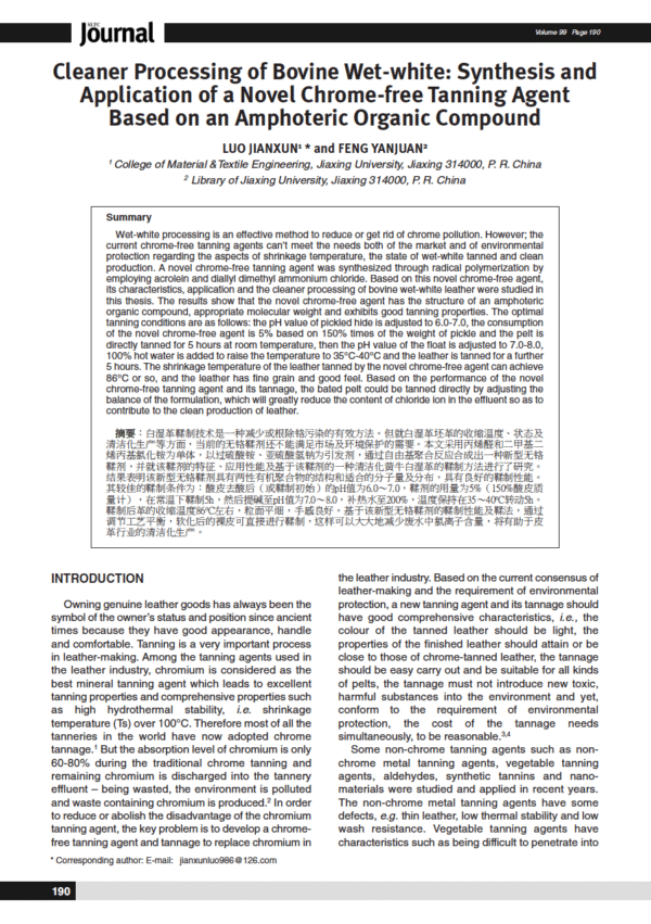 Cleaner Processing of Bovine Wet-white: Synthesis and Application of a Novel Chrome-free Tanning Agent Based on an Amphoteric Organic Compound