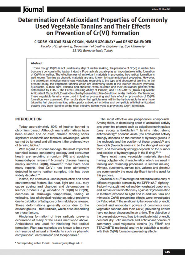 Determination of Antioxidant Properties of Commonly Used Vegetable Tannins and Their Effects on Prevention of Cr(VI) Formation
