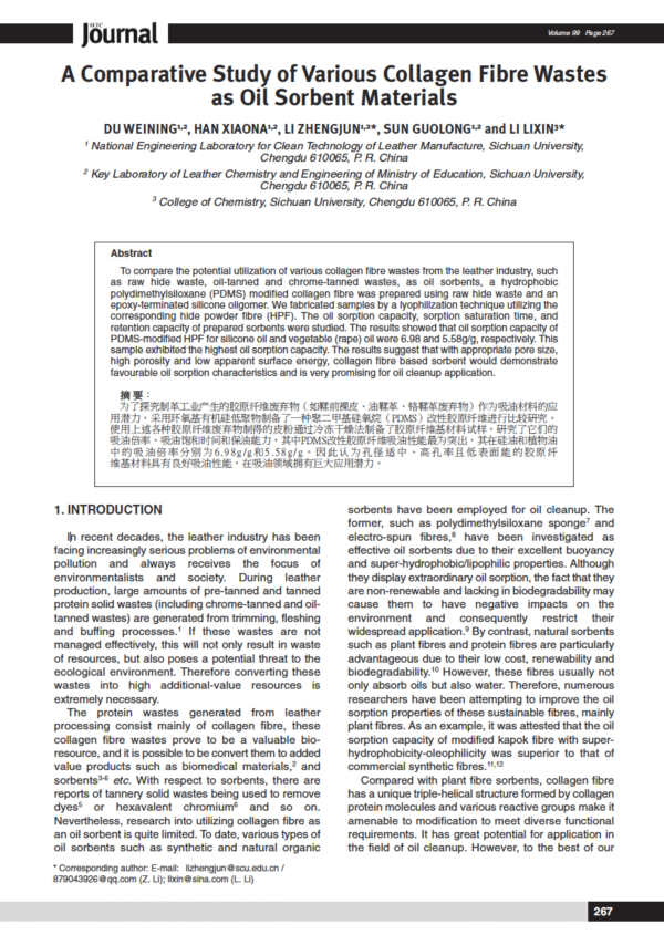 A Comparative Study of Various Collagen Fibre Wastes as Oil Sorbent Materials