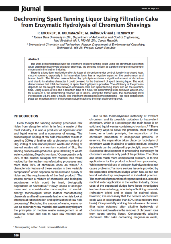 Dechroming Spent Tanning Liquor Using Filtration Cake from Enzymatic Hydrolysis of Chromium Shavings