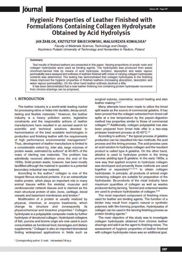 Hygienic Properties of Leather Finished with Formulations Containing Collagen Hydrolysate Obtained by Acid Hydrolysis