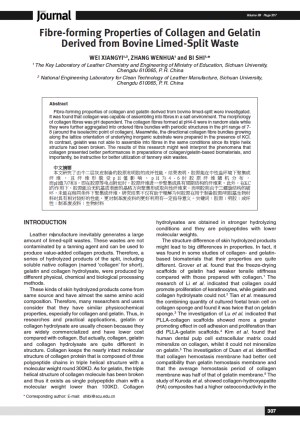 Fibre-forming Properties of Collagen and Gelatin Derived from Bovine Limed-Split Waste