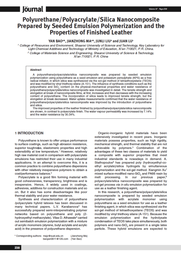 Polyurethane/Polyacrylate/Silica Nanocomposite Prepared by Seeded Emulsion Polymerization and the Properties of Finished Leather