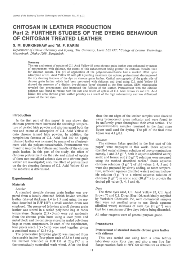 Chitosan in Leather Production Part 2: Further Studies of the Dyeing Behaviour of Chitosan Treated Leather