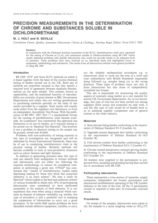 Precision Measurements in the Determination of Chrome and Substances Soluble in Dichloromethane