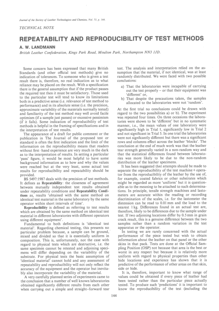 Repeatability and Reproducibility of Test Methods – Society of Leather ...