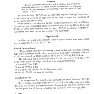 Experiments On Draft Method I.U.P./19. Assessment Of The Resistance Of Air Dry Upper Leathers To Heat, With Special Reference To The Direct Moulded And The Injection Moulded Process Of Footwear Construction